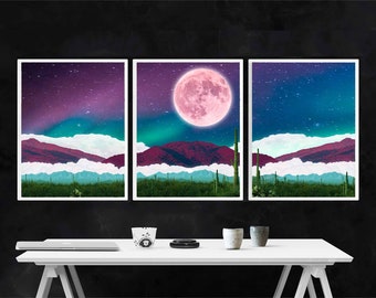 Arizona Desert Triptych Art Print Set: Surreal Cactus Landscape