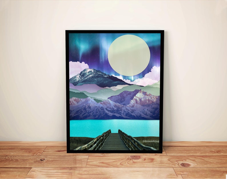 Northern Lights Art, Mountain Wall Art, Lake house decor, Surreal Art, Dock on the lake art, blue and purple wall art, Moon Print image 1