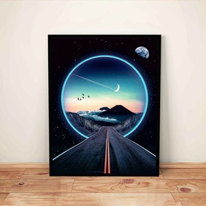 May include: A digital art print featuring a road leading into a glowing blue circle, with a crescent moon and stars in the sky. The road is surrounded by mountains and clouds.