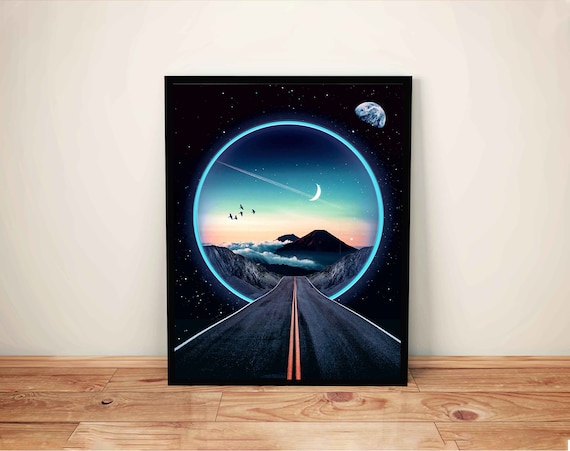 Surreal Space Art Print: Cosmic Road Trip, Eclectic Home Decor