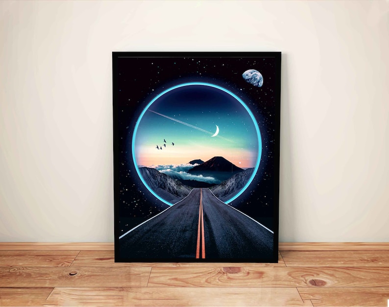 May include: A digital art print featuring a road leading into a glowing blue circle, with a crescent moon and stars in the sky. The road is surrounded by mountains and clouds.