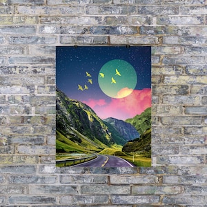 Mountain Moon Art Print Dreamy Surreal Collage Abstract Art, Colorful Art, Road Wall Decor, Pink and Green Poster, Landscape Collage, image 6