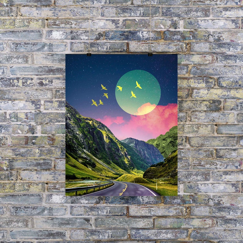 Mountain Moon Art Print Dreamy Surreal Collage Abstract Art, Colorful Art, Road Wall Decor, Pink and Green Poster, Landscape Collage, image 6