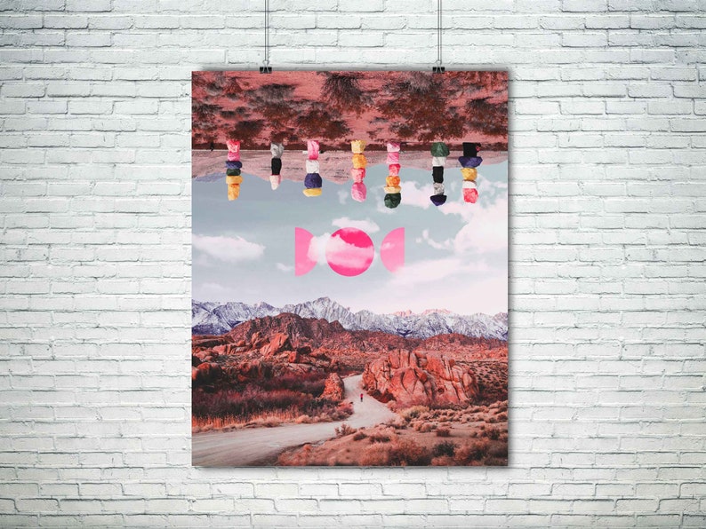 Surreal Pink Desert Art Print Collage of Seven Magic Mountains Abstract Moon Phase Art, Trippy Art, Colorful Landscape Decor image 9