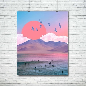 May include: A digital collage featuring a pink sunset over a mountain range with a group of surfers in the ocean. The sky is a gradient of blue and pink, and there are several birds flying in the sky.