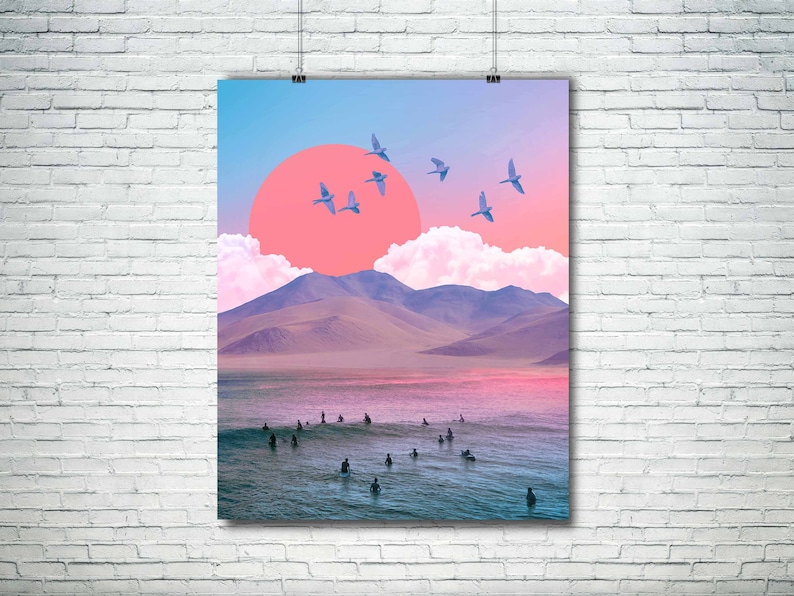 May include: A digital collage featuring a pink sunset over a mountain range with a group of surfers in the ocean. The sky is a gradient of blue and pink, and there are several birds flying in the sky.