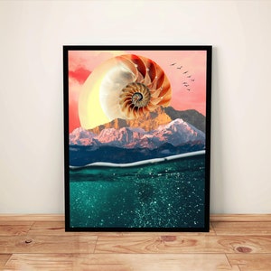 May include: A digital collage featuring a nautilus shell with a pink and orange sunset sky above a mountain range. The mountain range is partially submerged in a turquoise blue ocean with sparkling glitter.