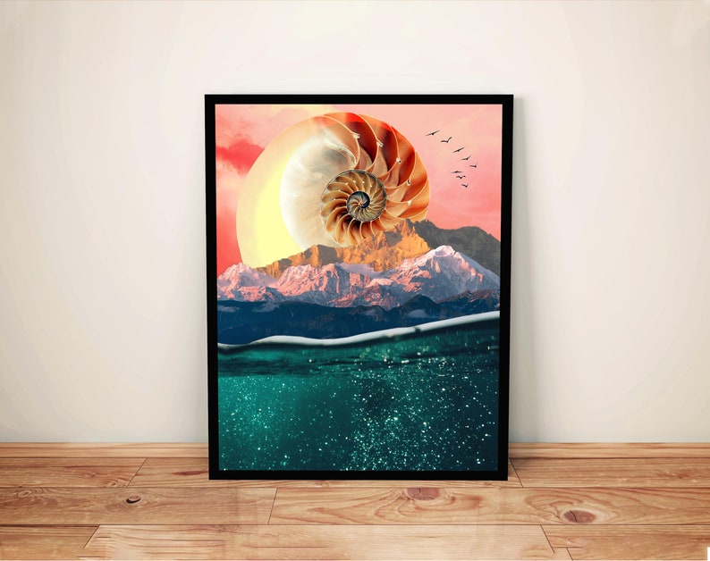 May include: A digital collage featuring a nautilus shell with a pink and orange sunset sky above a mountain range. The mountain range is partially submerged in a turquoise blue ocean with sparkling glitter.