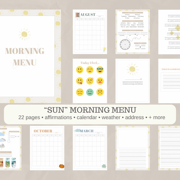 Morning Menu Pages for Homeschool | Suns Theme Morning Menu | Homeschool Pages for Preschool Elementary Students | Printable Morning Menu