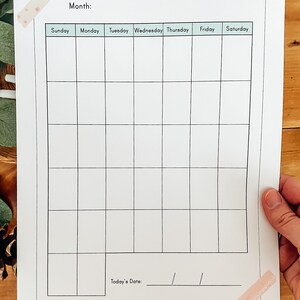 May include: A blank monthly calendar template with a white background and black grid lines. The days of the week are labeled at the top: Sunday, Monday, Tuesday, Wednesday, Thursday, Friday, Saturday. The bottom of the page has the text "Today's Date:" followed by a blank line.