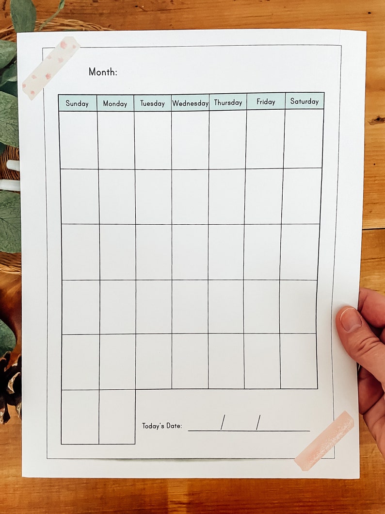 May include: A blank monthly calendar template with a white background and black grid lines. The days of the week are labeled at the top: Sunday, Monday, Tuesday, Wednesday, Thursday, Friday, Saturday. The bottom of the page has the text "Today's Date:" followed by a blank line.