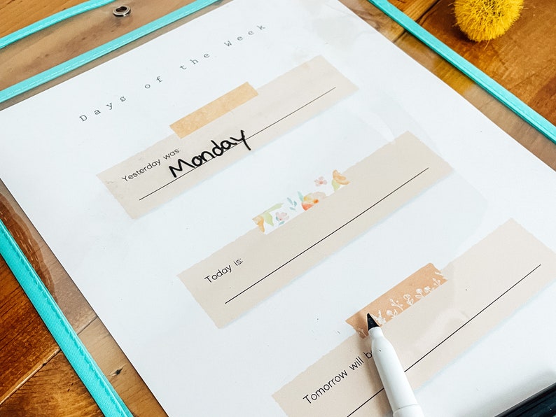 May include: A clear plastic sheet with a teal border, featuring a planner layout. The text "Days of the Week" is visible. The word "Monday" is written on a beige label. Decorative floral tape accents the labels.