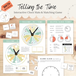 Telling Time Clock Mats & Matching Game | Printable Math Resources (Digital Download) | BLUE + GREEN