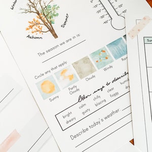 May include: A printable worksheet for kids to learn about the seasons. The worksheet features a tree with leaves changing colors to represent the seasons. The worksheet also includes a thermometer, a weather chart, and a section for describing the weather.