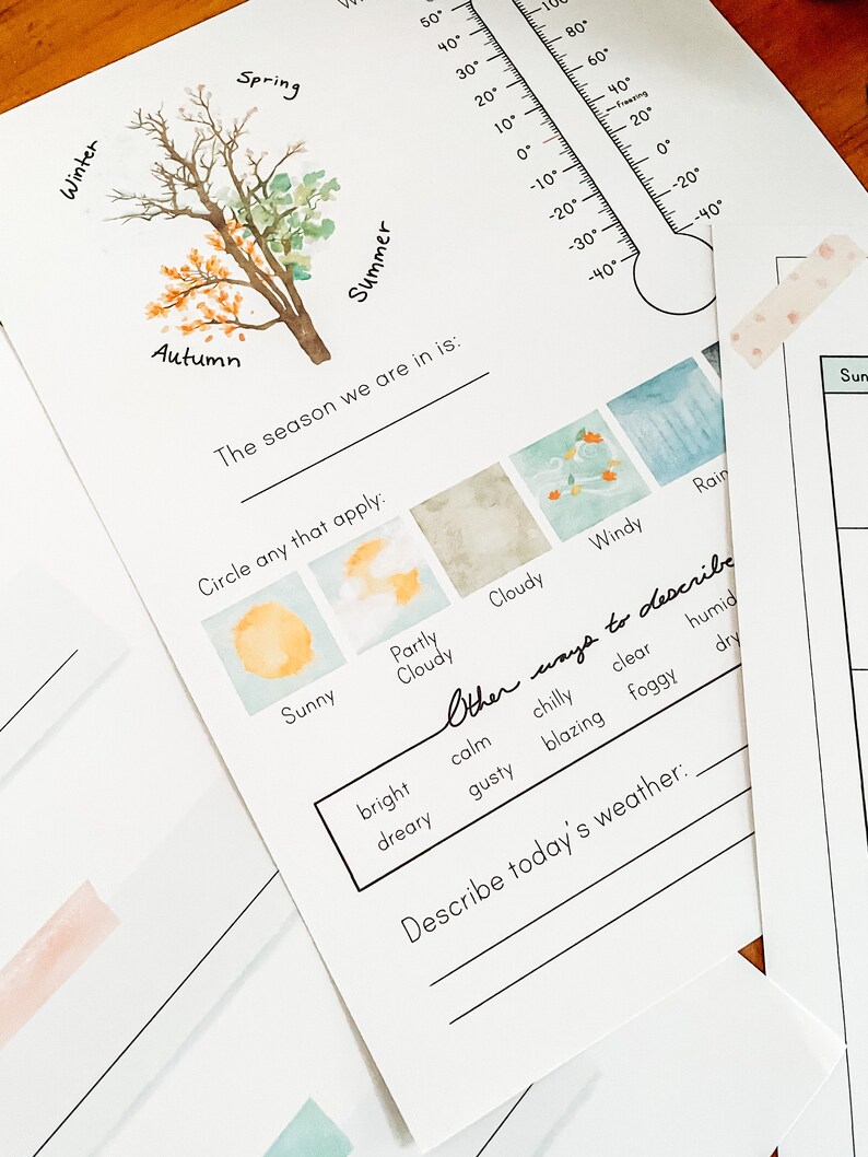 May include: A printable worksheet for kids to learn about the seasons. The worksheet features a tree with leaves changing colors to represent the seasons. The worksheet also includes a thermometer, a weather chart, and a section for describing the weather.