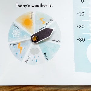 May include: A colorful weather wheel with a pointer, showing different weather conditions like sunny, snowy, stormy, rainy, windy, and cloudy. The wheel is set to cloudy. A thermometer with a red column shows a temperature of -30 degrees.