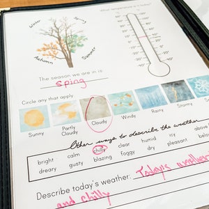 May include: A worksheet for kids to learn about the seasons. The worksheet features a tree with four seasons, a thermometer, and a list of weather words. The worksheet is titled "The season we are in is: Spring".
