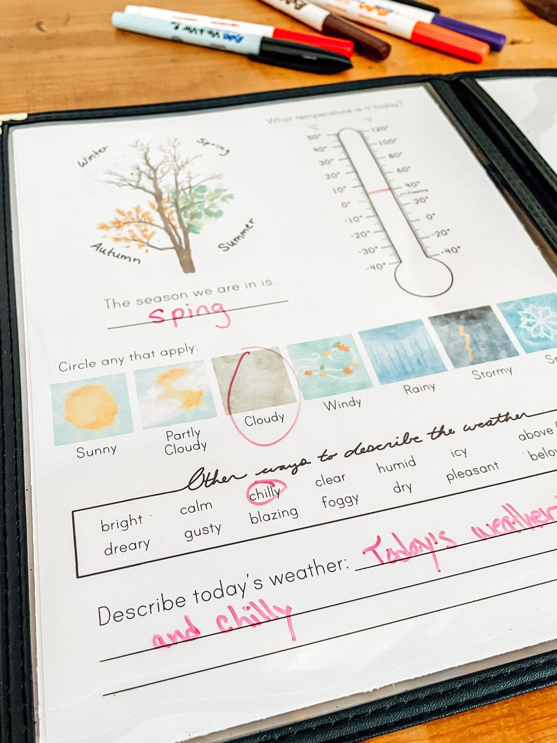 May include: A worksheet for kids to learn about the seasons. The worksheet features a tree with four seasons, a thermometer, and a list of weather words. The worksheet is titled "The season we are in is: Spring".
