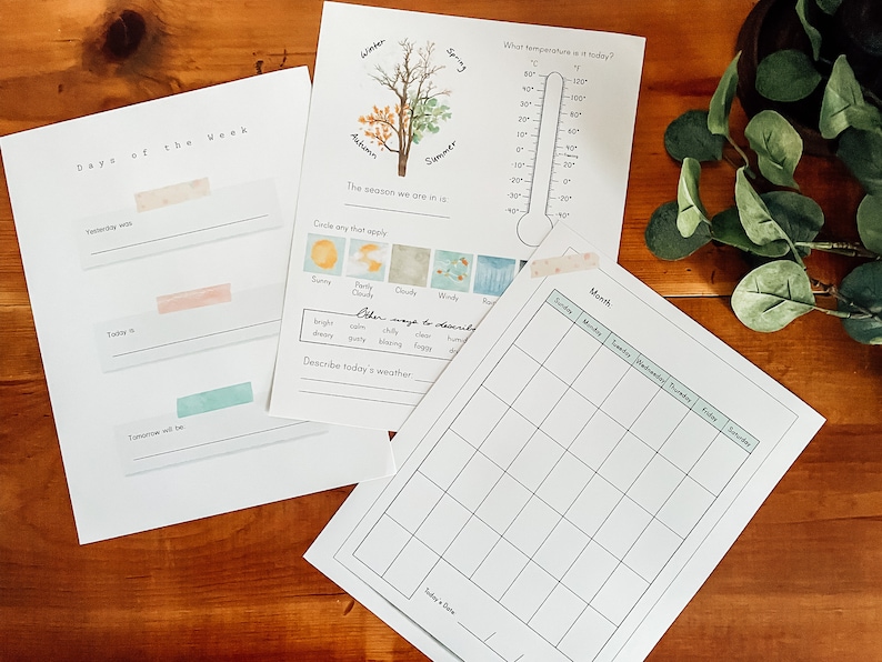 May include: A printable worksheet for tracking the days of the week, weather, and a monthly calendar. The worksheet includes a thermometer, a tree with four seasons, and a section for describing the weather.