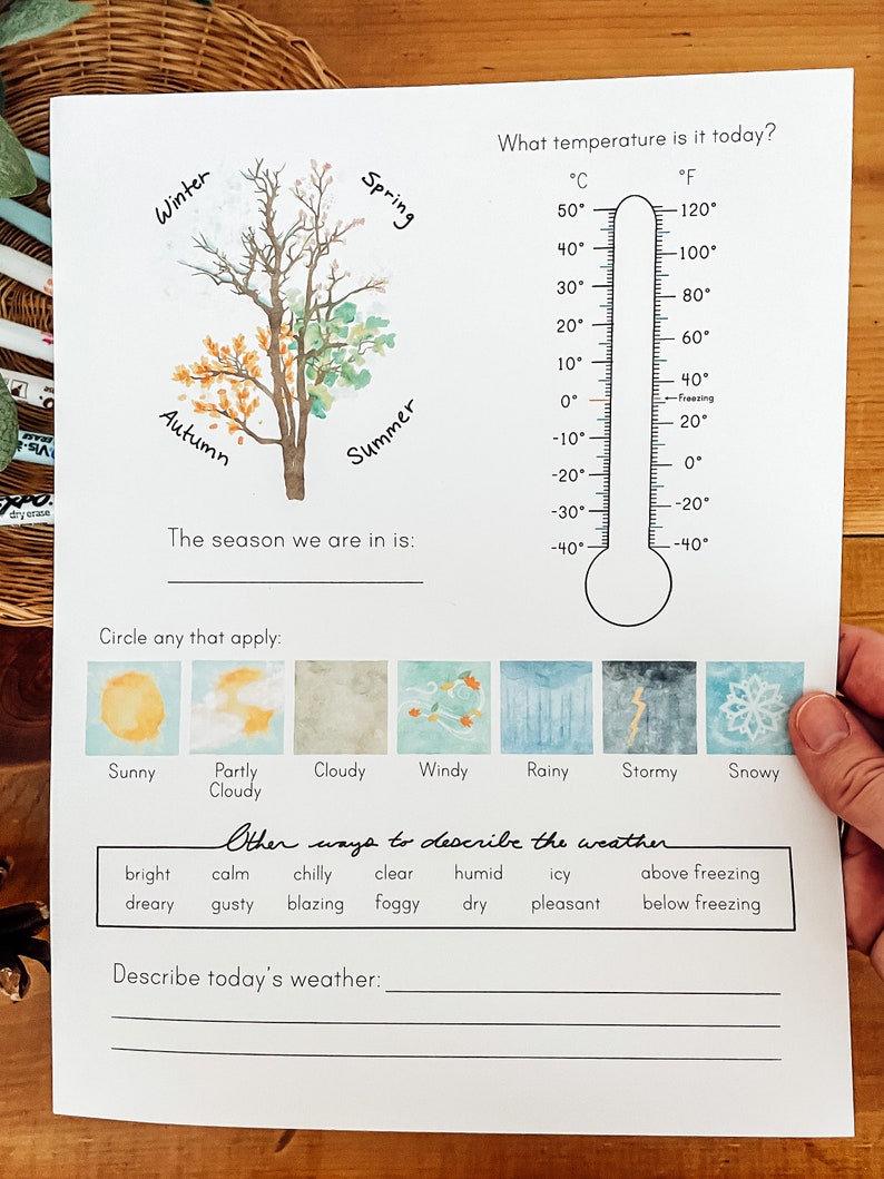 May include: A printable worksheet for kids to learn about the seasons and weather. The worksheet features a tree with four seasons, a thermometer, and a weather chart with icons for sunny, partly cloudy, cloudy, windy, rainy, stormy, and snowy. The worksheet also includes a section for describing the weather.