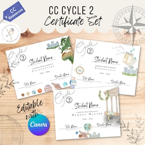 Może przedstawiać: Zestaw certyfikatów dla CC Cycle 2, zawierający trzy różne wzory. Każdy certyfikat ma miejsce na imię ucznia, imię tutora i imię dyrektora. Certyfikaty są ozdobione akwarelowymi ilustracjami i tekstem "Editable with Canva".