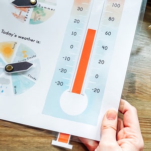 May include: A printable weather chart with a thermometer and a weather wheel. The thermometer shows a temperature of -30 degrees Fahrenheit. The weather wheel has a pointer that is set to "Cloudy".
