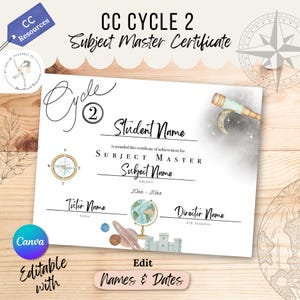 Editable CC Cycle 2 Subject Master Certificate | End of Year Celebration Award (Canva Template)