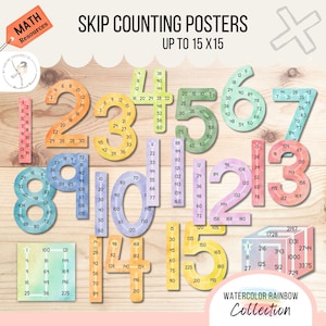 May include: Colorful skip counting posters with numbers 1-15, featuring watercolor rainbow designs. Each number is displayed with its multiples up to 15x15. Includes the text "Watercolor Rainbow Collection".