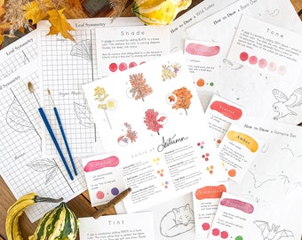 Autumn Art Resource Pack // Step by Step Drawing // Leaf Symmetry // Color Mixing Cards // Mini Poster // Art Education for Children