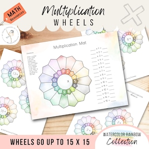 かけ算ホイール | 最大15x15 | 印刷可能な算数教材（デジタルダウンロード） | 水彩レインボーコレクション