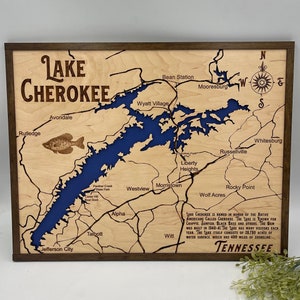 Lago Cherokee TN Lago Mapa Mapa en capas Signo pared colgante Lake House Decor Tennessee Mapa de madera del lago Cherokee Madera Grabado Mapa Knoxville