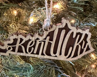 Kentucky Wood Christmas Ornament: Laser Cut Stained Natural Wooden Tree Decor