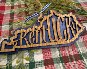 Kentucky Wood Christmas Ornament: Laser Cut Wooden Blue KY Tree Decor