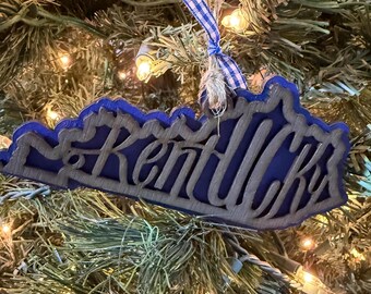 Kentucky Wood Christmas Ornament: Laser Cut Wooden Blue and Gray KY Tree Decor