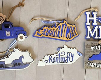 Kentucky Christmas Ornaments • Wood Layered KY Decor • Bluegrass State Gift • Farm Truck • Horses • Home Ornament • Blue & White Bundle