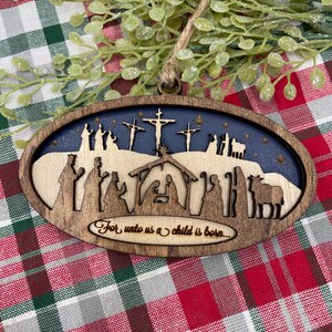 Nativity Ornament: Layered Wood Manger to Cross Christmas Decoration