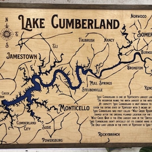 Carte du lac Cumberland, carte murale du lac, Conley Bottom, cadeau Jamestown, carte du Kentucky, carte 3D gravée sur bois, pour le Kentucky, Cumberland, lac Somerset