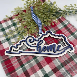 Kentucky Home Cutout Ornament Christmas Ornament Kentucky Home Laser Cut Blue and White Ornament Kentucky Shaped Ornament