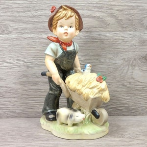 Vintage Porcelain Farm Boy Figurine | Boy Carrying a Wagon w/ Straw Hay Figurine | Farm Boy w/Pig and Bird Figurine Collection Collectible