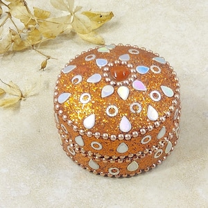 Orange Jewelry Box | Round Glitter Trinket Box | Small Round Jewelry Storage Ornament Box | Velvet Interior Vintage Jewelry Box Gift for Her