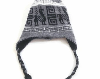Handmade Wool Knit Baby Hat, Earflap Crochet Bonnet, Gray Black