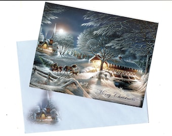 Merry Christmas Snowy Night Christmas Holiday Seasons Wishes Greeting Card