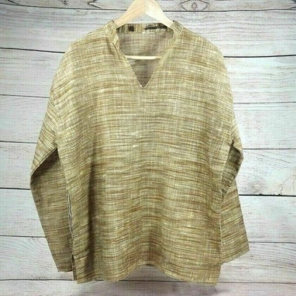 Men Long Kurta | Indian Bohemian Cotton Tunic Shirt | Long Sleeves V-Neck Ethnic Kaftan Top | Ethnic Wear Handwoven Shirt Brown-Yellowish