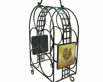 Vintage Rooster Wine Rack, Black Wrought Iron Metal 6-Bottle Holder