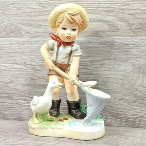 Vintage Porcelain Farm Boy Figurine |  Fisherman Boy Goose and a Fish Figurine |  8&quot; Tall Figurine Collection Collectible