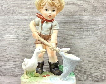 Vintage Porcelain Fisherman Figurine | Farm Boy, Goose, Fish, 8" Collectible