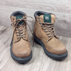 Unisex Men Women Brown Ankle Work Boot | Adult Insulated Water Oil Resistant Leather Lace Up Boots Booties Size 6E Vintage