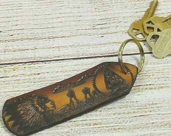 Indian Chief Leather Keychain | Brown Key Chain Fob Holder | Rectangular Key Ring Keyring Gift