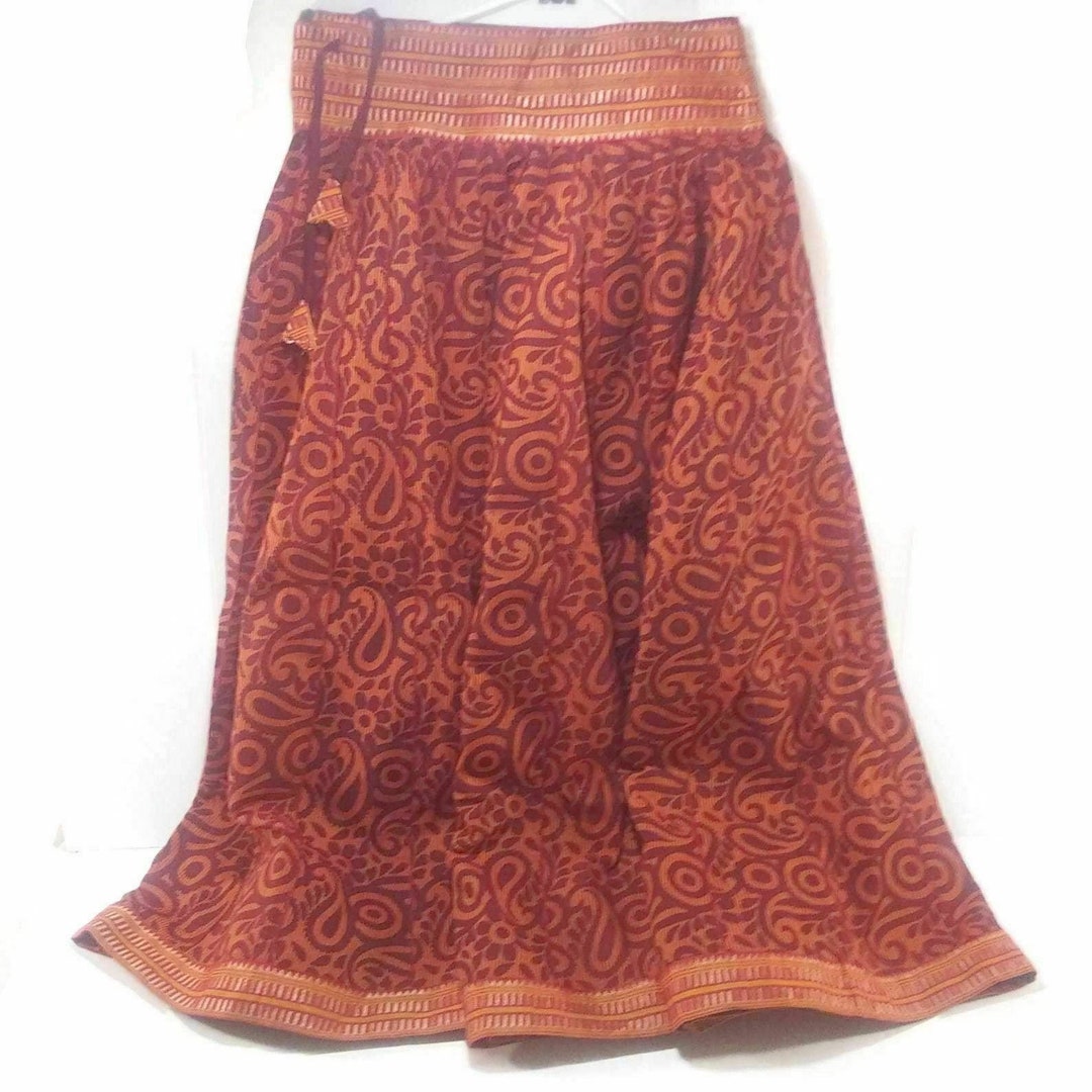 Vintage Cotton Maroon Red Hindu Gods Skirt