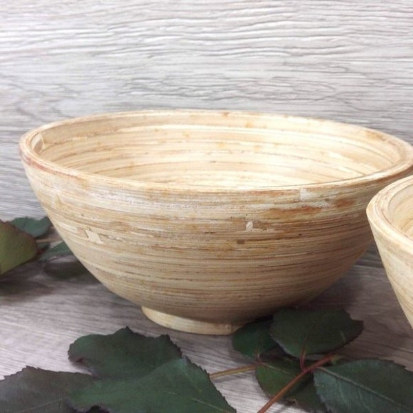 Round Wood Serving Bowl Set of 2 | Natural Color Dinnerware Home Décor | Vintage Serveware Serve Ware D6"x2.75" | Dining Serving Kitchen